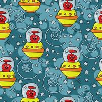 Seamless pattern of bright red aliens in yellow spaceships, UFO and stars on a blue background vector