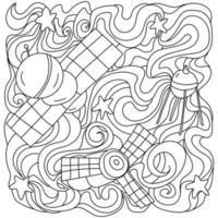 Tangled coloring page on space theme, contour wavy patterns and spacecraft vector