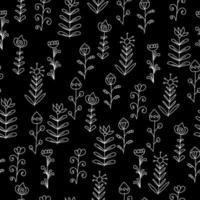 Seamless pattern of white contour doodle flowers on a black background vector