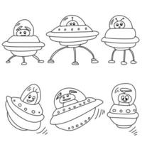 Aliens and spaceships outline set, coloring page with positive extraterrestrial characters vector