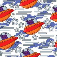 Purple alien in orange spaceship seamless pattern, ufo and stars on white background vector