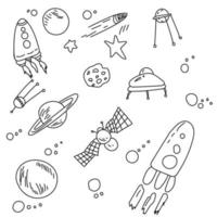 A set of doodles on a space theme, small outline drawings for creativity vector