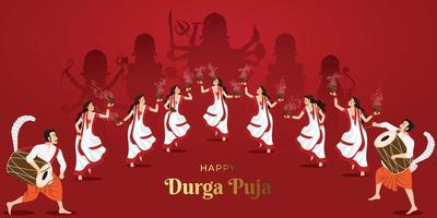 Ilustración de damas en happy durga puja y tocando dhunuchi nach en ritmos de dhak que significa bailar con fuego, subho bijoya vector