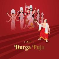 illustration of Goddess Durga with family including Lord Ganesha, Lakshmi, Saraswati, and Kartike in Happy Durga Puja Subh Navratri and priest performing puja vector