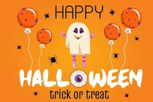 Halloween invitation template on an orange background. A banner with a ghost character and balloons for the Halloween holiday. Vector illustration in cartoon style.