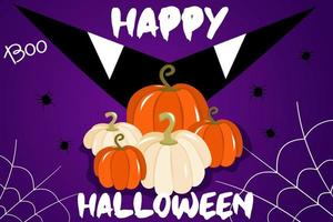 Vector illustration with a banner for Halloween or an invitation to a party with cobwebs, pumpkins and a sinister mouth on a purple background. Happy test for Halloween, a traditional autumn holiday