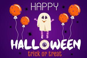 Halloween invitation template on purple background. A banner with a ghost character and balloons for the Halloween holiday. Vector illustration in cartoon style