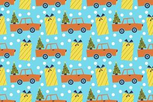 Seamless pattern for merry Christmas with car, Christmas tree in the trunk and gift box. Vector illustration in a flat style. Festive winter pattern with snowflakes.