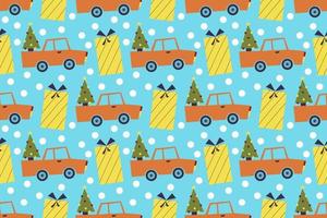 Seamless pattern for merry Christmas with car, Christmas tree in the trunk and gift box. Vector illustration in a flat style. Festive winter pattern with snowflakes.