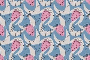 Geometric seamless pattern of Mid-Century Modern style design with abstraction and strawberries. Vector illustration in a simple. Pattern with abstractions and fruits in a retro vintage style
