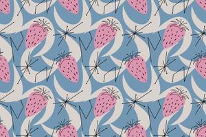 Geometric seamless pattern of Mid-Century Modern style design with abstraction and strawberries. Vector illustration in a simple. Pattern with abstractions and fruits in a retro vintage style