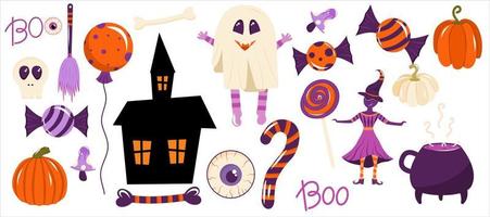 A set of elements for Halloween are isolated on white background. Ghost, witch, candy, creepy house, cauldron for decorating invitations and cards Halloween. Vector illustration in cartoon style