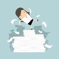 Businesswoman falling off paper mountain. vector