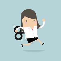 Businesswoman running with wind-up key. vector