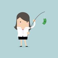 Businesswoman with money on fishing rod. vector