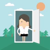 Businesswoman open the door from office to nature. vector