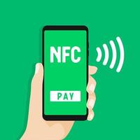 NFC Mobile payment. Hand holds smartphone with online banking and touch pay button. vector