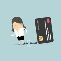 Businesswoman breaks free from the chain to bank credit card. vector