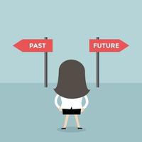 Businesswoman decision about past and future way. vector