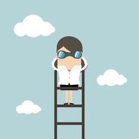 Businesswoman on a ladder using binoculars above cloud. vector