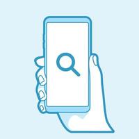 Search icon on smartphone screen. Hand holding smartphone. Vector illustration of flat bold line.