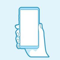 Hand holding smart phone on blue background. Vector illustration of flat bold line.