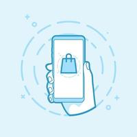 Hand holding smart phone on blue background. Modern vector outline mobile app design set of handbags online shopping.