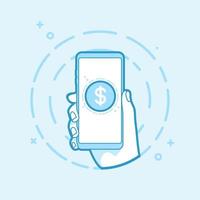 Hand holding smartphone with money coin. Use in Web Project and Applications. Outline object vector