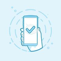 Checkmark on smartphone screen. Hand holding smartphone icon in line style. Use in Web Project and Applications. Outline object vector