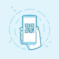 icono de código QR en la pantalla del teléfono inteligente. mano que sostiene el teléfono inteligente. objeto de contorno vectorial moderno. vector