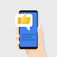 Hand holding smartphone with golden thumbs up message on screen. Social network concept. vector