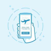 Online Book button and airplane icon on screen. Hand holding smartphone. Modern vector outline object.