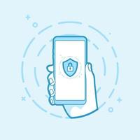 Shield with padlock icon on smartphone screen. Hand holding smartphone. Modern vector outline object.