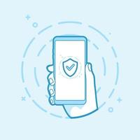 Shield icon on smartphone screen. Hand holding smartphone. Modern vector outline object.