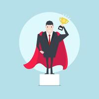 The businessman holding a golden thumbs up trophy on podium with red cloak. vector