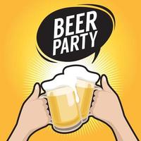 Two hands holding beer glasses with foam. Beer party concept. vector