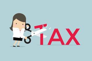 Businesswoman with scissors cutting big T letter vector illustration. Reduce Tax Business concept.