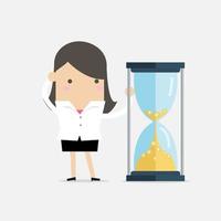 Businesswoman is looking at hourglass with Gold coins. Time is money. vector