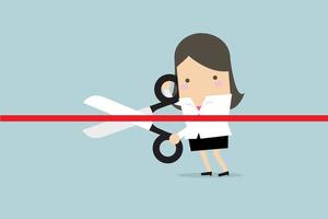 Businesswoman cutting a red ribbon with scissors. vector