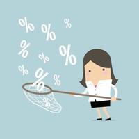 Businesswoman catching percent signs. vector
