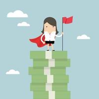 Businesswoman with winners flag standing on money stairs. vector