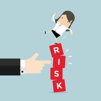 Businesswoman standing on shaky risk blocks by hand of manager. vector