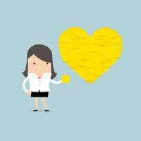 Businesswoman with Heart shape yellow sticky notes. vector