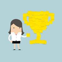 Businesswoman with trophy cup yellow sticky notes. vector