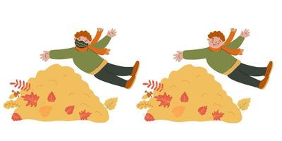 Boy playing with pile of autumn leaves vector