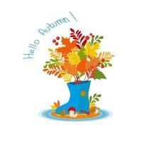 Hello Autumn card with rubber boot and colorful leaves vector