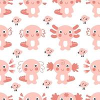 Hand drawn seamless pattern with axolotls and small birds. vector