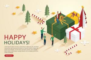 Group of people celebrating Christmas on gift box. vector