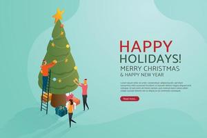 People celebrating decorate Christmas tree. vector