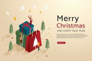 Group people, christmas, paper bag and gift box. vector